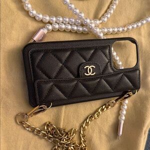 CHANEL Black Quilted Phone Case with Gold and Pearl Accents usb cable